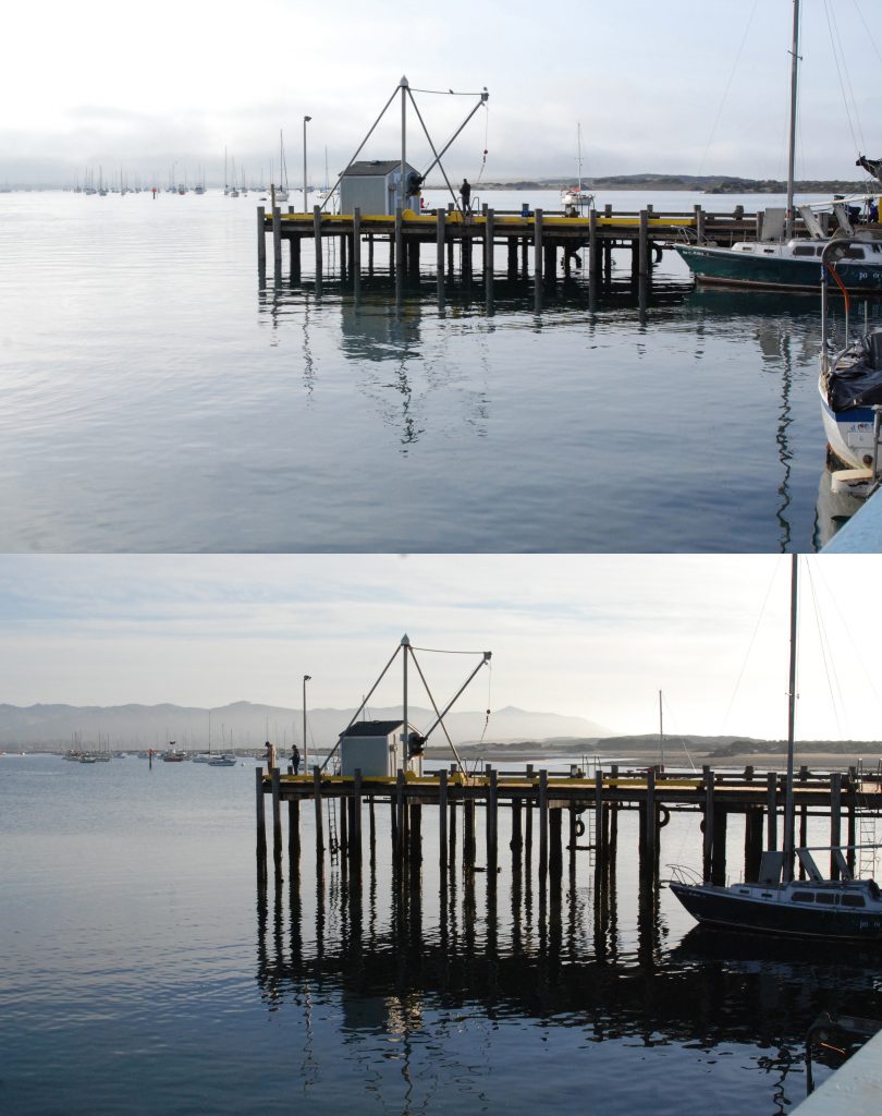 King Tides high and low comparison at the south T-pier in Morro Bay. 