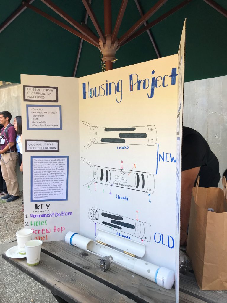 A water quality monitor housing project poster sits on a table during the celebratory reception after the Upward Bound students final presentation. 