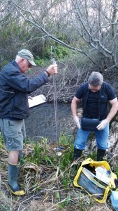 Dennis Kruger (right) and his monitoring partner John Heitzenrater (left) ready their monitoring equipment