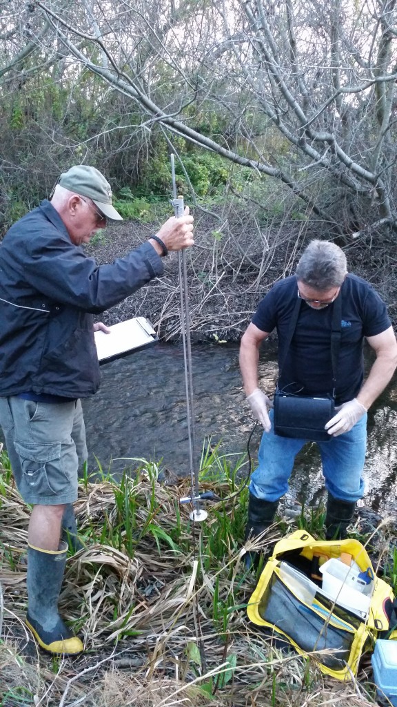 Dennis Kruger (right) and his monitoring partner John Heitzenrater (left) ready their monitoring equipment