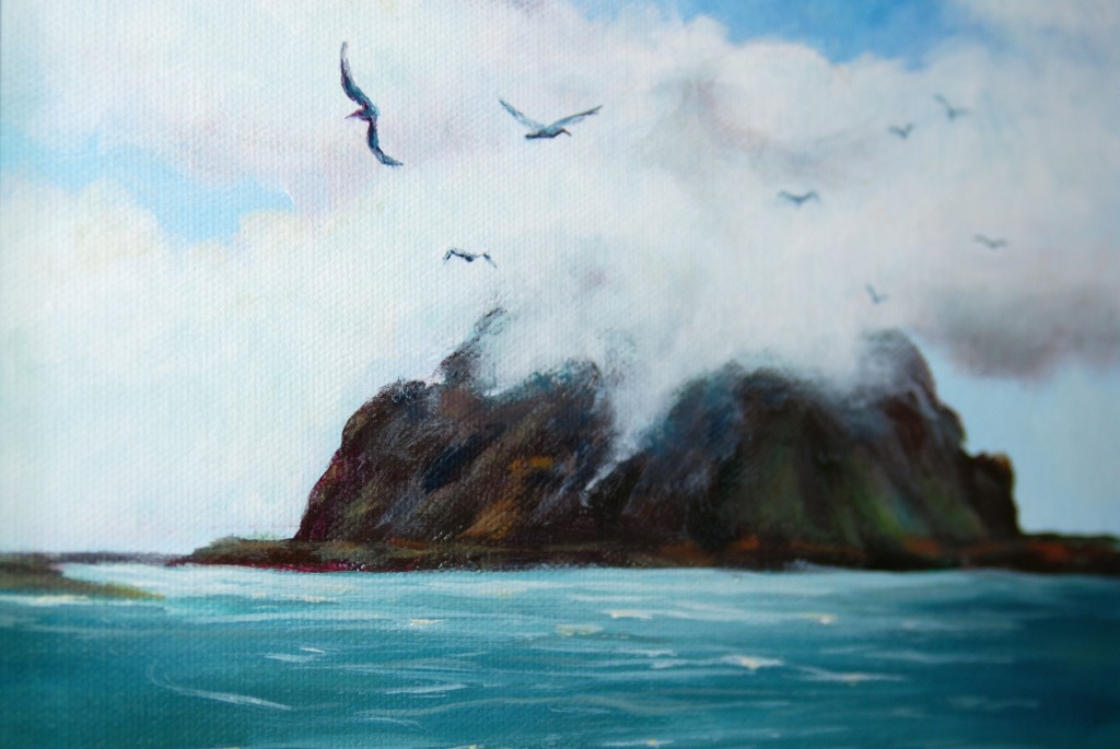 Detail shot of Sylvia Arnold-Hill's painting of Morro Rock