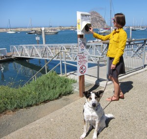 Morro Bay National Estuary Program’s Assistant Director, Lexie Bell, and her dog BB visit the Mutt Mitts dispenser in Tidelands Park.