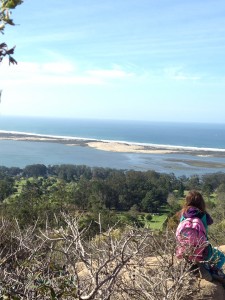 A student admires the sandspit from the top of Black Hill.