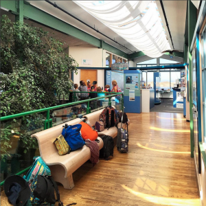 A group of campers from the Delphinus school left their backpacks on a bench to explore our Nature Center and watch a watershed demonstration.