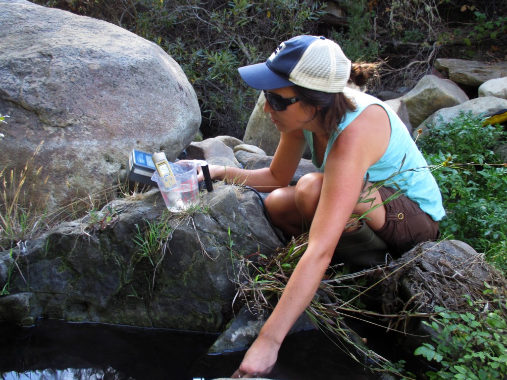 Monitoring Coordinator, Karissa, checks dissolved oxygen levels in Chorro Creek.
