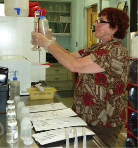 Estuary Program volunteers collect bacteria samples using sterile techniques. Volunteers then analyze the samples to quantify the bacteria concentrations using the IDEXX method.