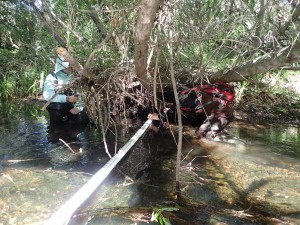 It’s a tight squeeze to gather habitat data on Chorro Creek at a site located downstream of the South Bay Boulevard bridge.