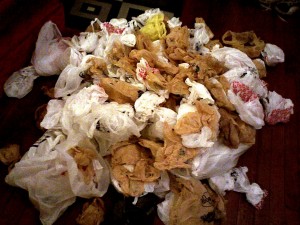 This photograph, taken by Taber Andrew Bain, shows a pile of “highly compressed plastic bags” that accumulated over a year of trips to the store. 