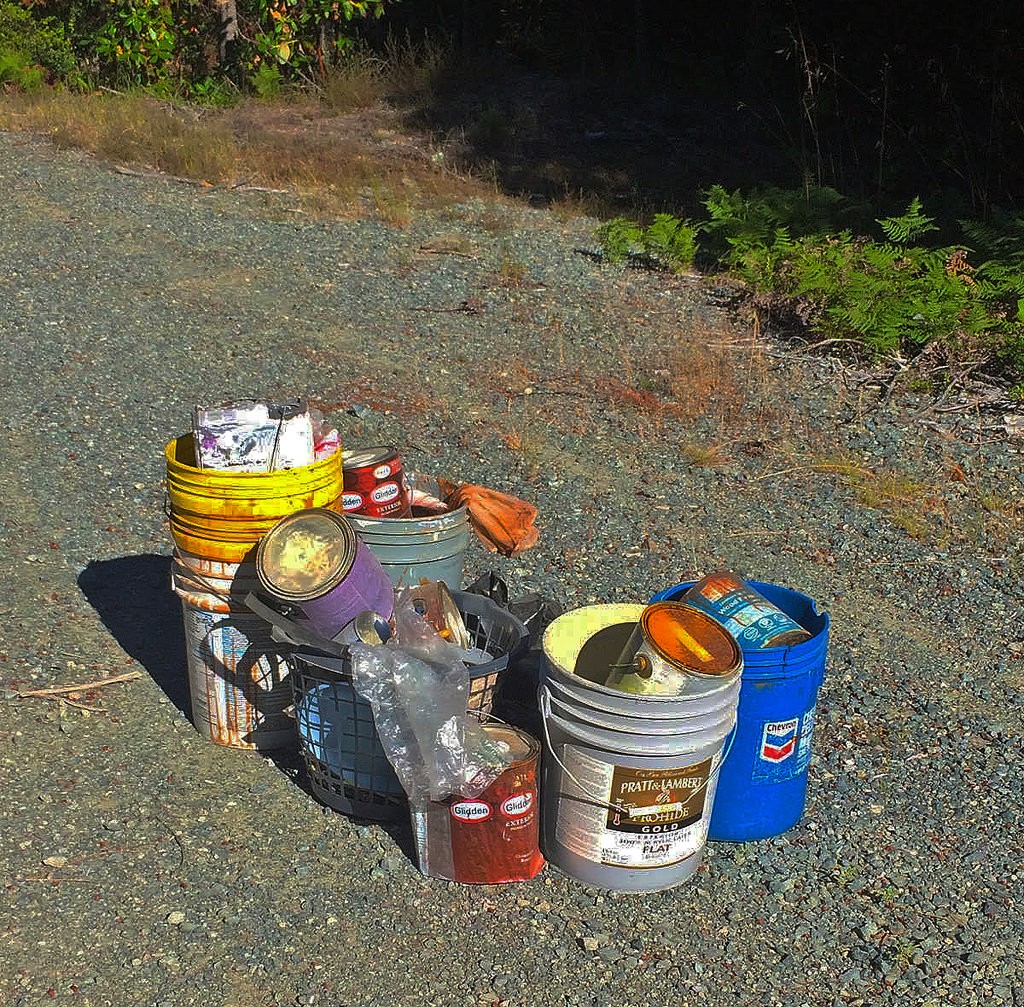 Photograph of household hazardous waste by The Bureau of Land Management. This waste was dumped on public lands (well outside of the Morro Bay watershed). Dumping like this causes problems when containers erode and chemicals leak out.