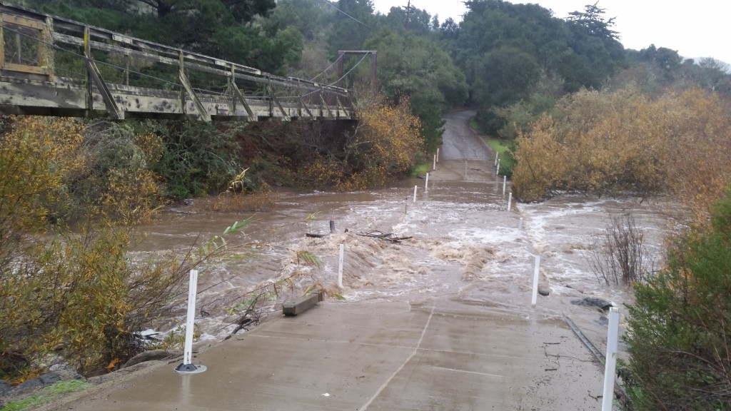 The water in Chorro Creek rose over 9 feet on January 4, overtopping this county bridge. 