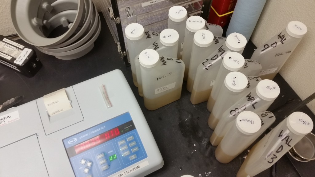 Filled bottles get weighed in, then we measure the turbidity of the bottles. 