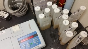 Filled bottles get weighed in, then we measure the turbidity of the bottles.