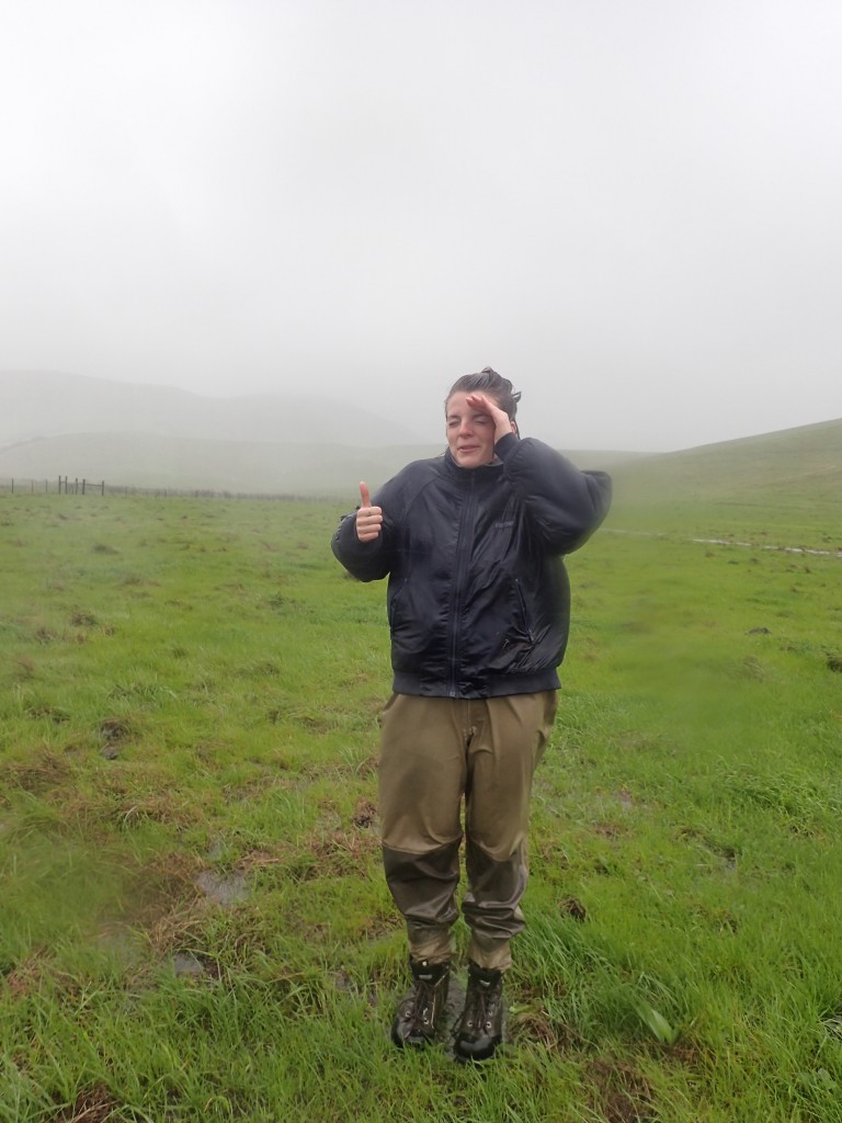 Catie braves the rain at Walter's Creek.