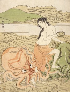 This woodcut by Japanese artist Katsukawa Shunshō titled “Abalone Fishergirl with an Octopus” was created between 1773 and 1774. (It’s now property of the Los Angeles County Museum of Art.