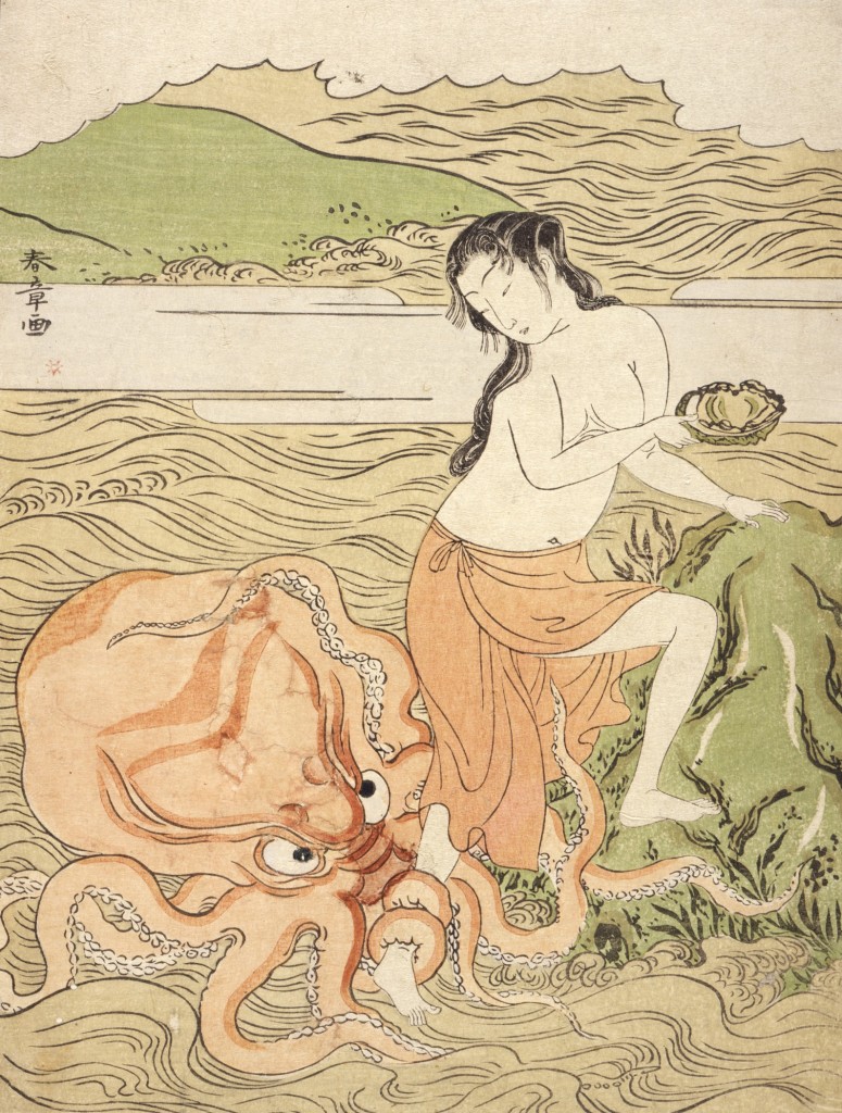 This woodcut by Japanese artist Katsukawa Shunshō titled “Abalone Fishergirl with an Octopus” was created between 1773 and 1774. (It’s now property of the Los Angeles County Museum of Art. 