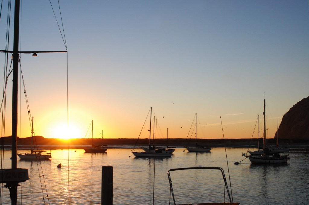 View of the Morro Bay sandspit from the Embarcadero at sunset. 