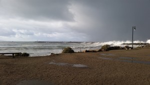 Salty ocean water enters the bay through the harbor mouth. During big storms, like the one pictured above, waves can even wash over the jetty.