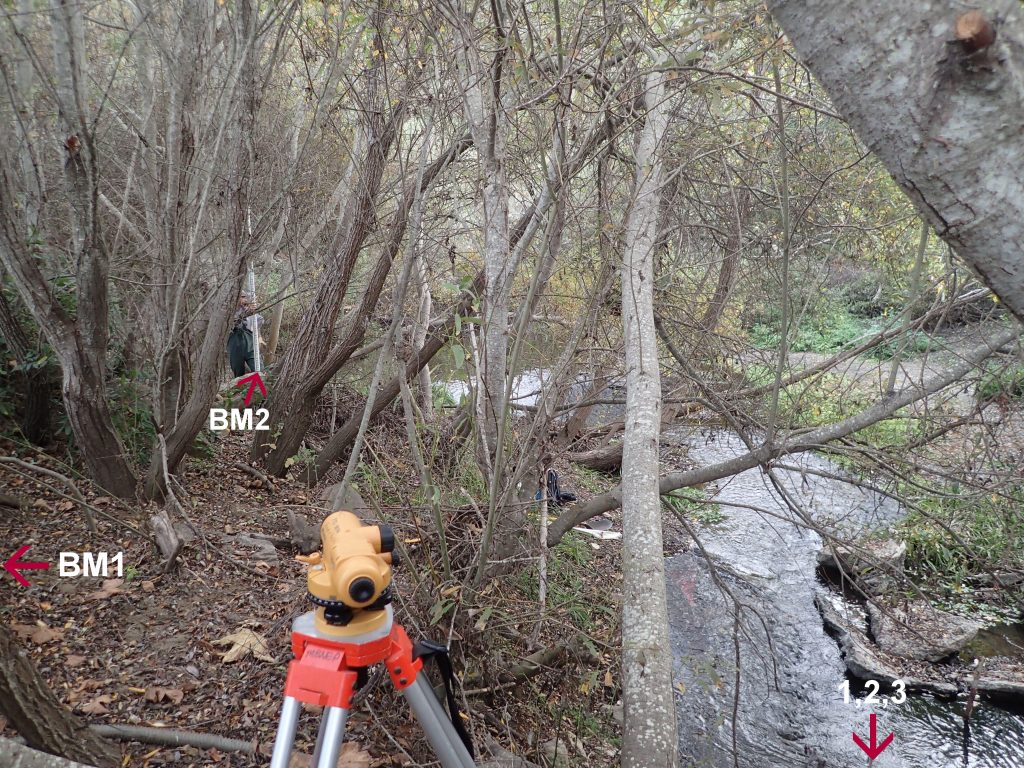 Staff uses an autolevel to determine the elevation of a series of benchmarks. An autolevel a piece of surveying equipment that is essentially a telescope. You can see a staff member holding a stadia rod (giant rule) in the trees.