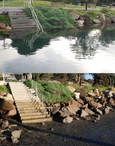 King Tides high and low comparison at the Tidelands staircase in Morro Bay.