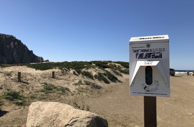 We show our thanks for each sponsor with a custom sticker on their dispenser. This dispenser at the Morro Creek Bridge is sponsored by "Jack" Thomas and the Little White Dog Society of Morro Bay. They may be our fluffiest group of sponsors to date!