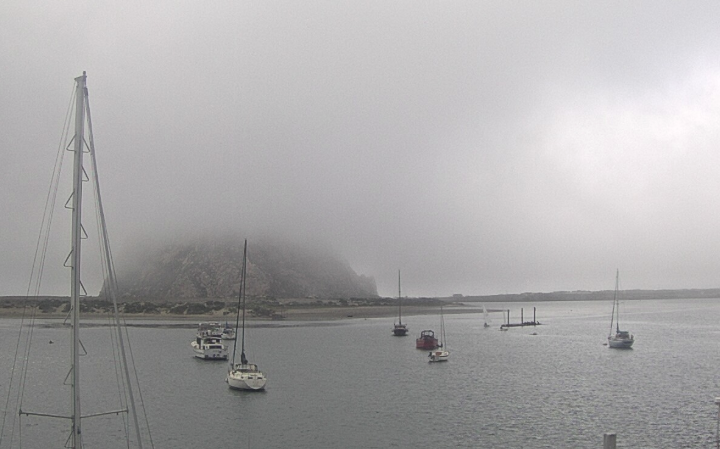 The fog rolled in this afternoon, enveloping all by the base of Morro Rock. This image is from our Baycam, which provides a live view of Morro Bay all day long. 