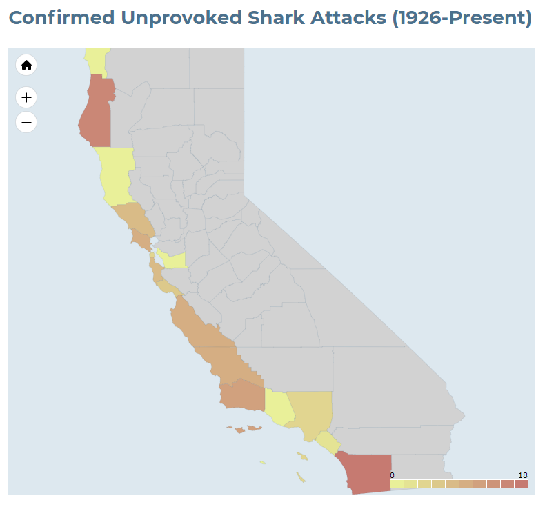 This map, created and published by the International Shark Attack File, shows the number of shark attacks per county in California. 