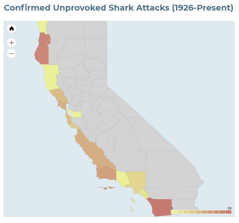 This map, created and published by the International Shark Attack File, shows the number of shark attacks per county in California.