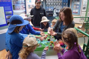 Estuary Program Communications Outreach Coordinator, Rachel, leads a hands-on demonstration that shows students how pollution from the hills can run into the bay when it rains.