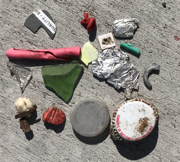 This photograph shows a collection of tiny trash pieces. They may be small, but removing them from the environment can have a big positive impact.