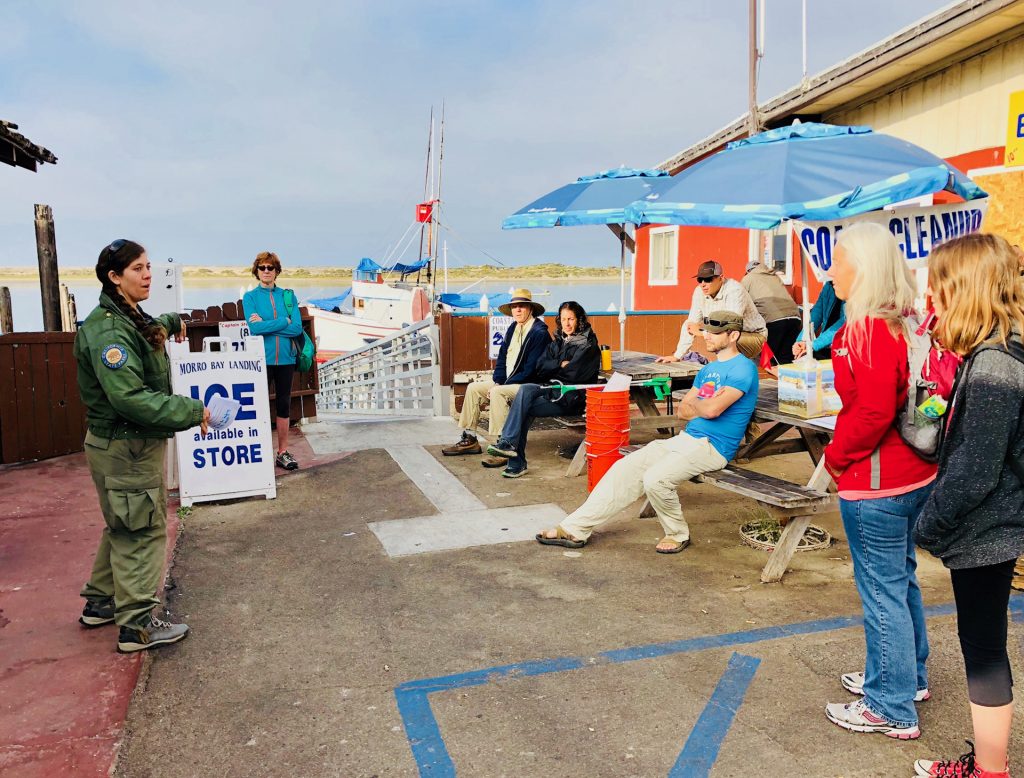 Sylvia, a Snowy Plover Monitor with California State Parks, shares tips for avoiding plover nesting areas on the sandspit.