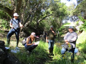 Marc, center, talks with a group of volunteers during a bioassessment survey training.