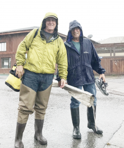 After making sure that the water at their creek site wasn't rising, and it was safe, Marc and Tom braved the first rainstorm of the year to gather creek water quality data.