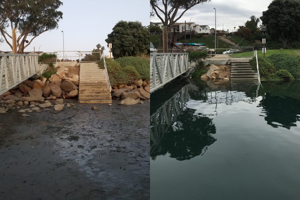 This image shows the stairway to the beach at Tidelands Park. An ultra-low tide is pictured on the left and an ultra-high tide on the right. 