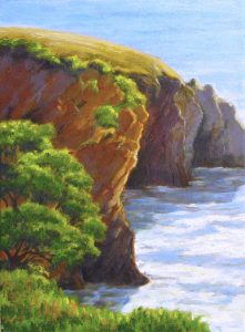 This painting by Dottie Hawthorne, an Emeritus member of S.L.O.P.E., is called Coastal Cliffs Morning. It was painted in Shell Beach.