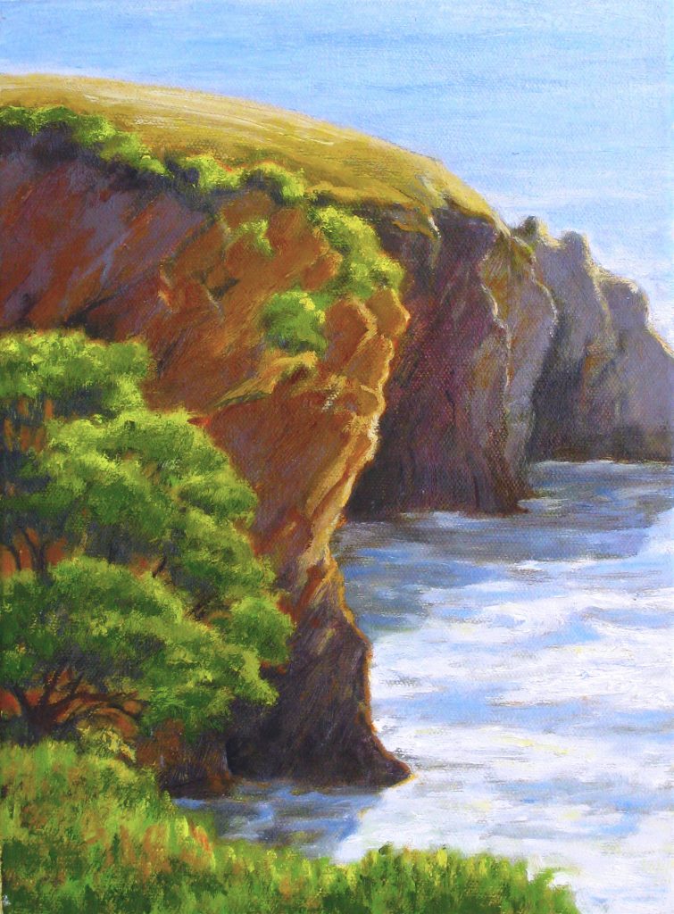 This painting by Dottie Hawthorne, an Emeritus member of S.L.O.P.E., is called Coastal Cliffs Morning. It was painted in Shell Beach.