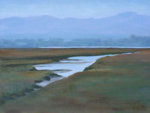 Tracy's Paz's painting, October Estuary, captures the path of an estuary channel through the pickleweed.