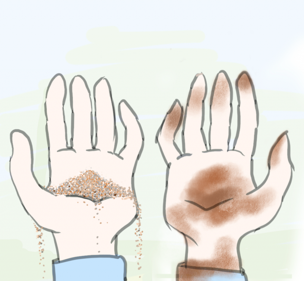 The illustration above shows hands holding sand on the left and clay on the right. 