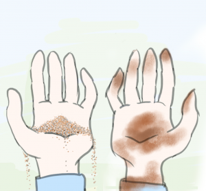 The illustration above shows hands holding sand on the left and clay on the right.
