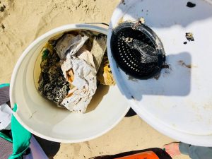 These buckets hold trash gathered from the Morro Bay sandspit. Much of the trash here washes up from the estuary or the ocean. Making sure to keep trash from boats contained until we get back to shore will help reduce the amount of this waste.