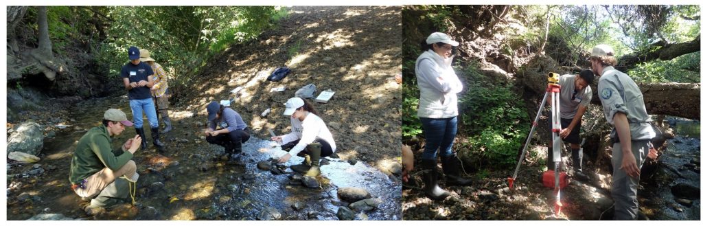 Some of our volunteers at the annual training practice, learning how to analyze stream bed characteristics such as rock size. Volunteers also learned how to set up an autolevel to measure the slope of the stream.