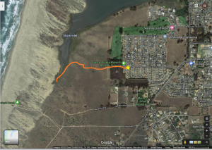 Map of hike from Monarch Preserve in Los Osos to the dunes.