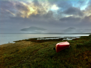 sunrise with red canoe in Los Osos