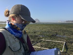 Makenzie, Monitoring Coordinator, takes data while monitoring eelgrass in Morro Bay.