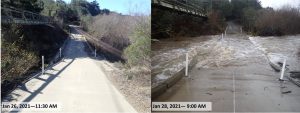 This photo shows the bridge at Canet Road in San Luis Obispo on January 26th and 28th, 2021. It should be noted that the photo on the right was taken after peak flow, meaning that the water was nearly five feet higher only a few hours earlier!