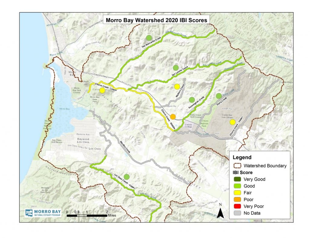 The color-coded creek segments show the 2020 score for each creek. The dots next to the creeks represent the average of scores from 1994–2020.
