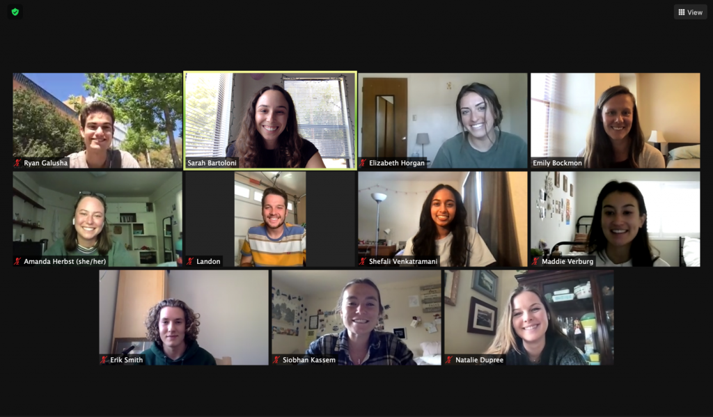 Dr. Bockmon’s group during a Zoom lab meeting during spring quarter 2021. Photo courtesy of Sarah Bartoloni.