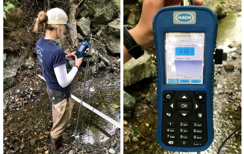 Staff have continued to monitor flow at sites with measureable flow, although many sites are becoming too low to accurately measure. This photo shows Monitoring Coordinator, Makenzie recording low flow at Pennington Creek. 