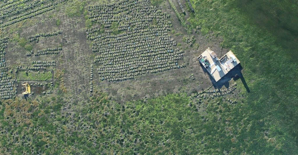 An aerial photo of the Grassy Bar Oyster Company’s oyster farm taken by the Cal Poly drone. Photo courtesy of Dr. Ryan Walter. 