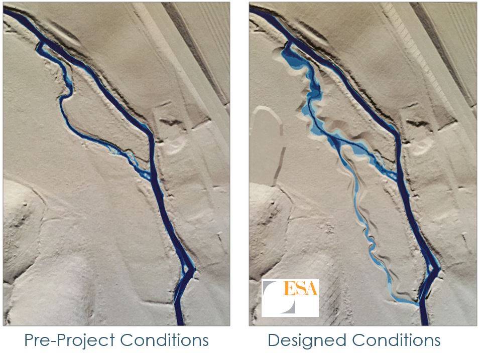 The project designs were modeled to estimate how water flow would change along the creek on the project site from the original, pre-project conditions (left) to designed, constructed conditions (right).