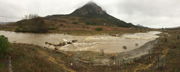 Hollister Peak rises behind a flooded section of Chorro Creek at the Chorro Creek Ecological Reserve floodplain project site